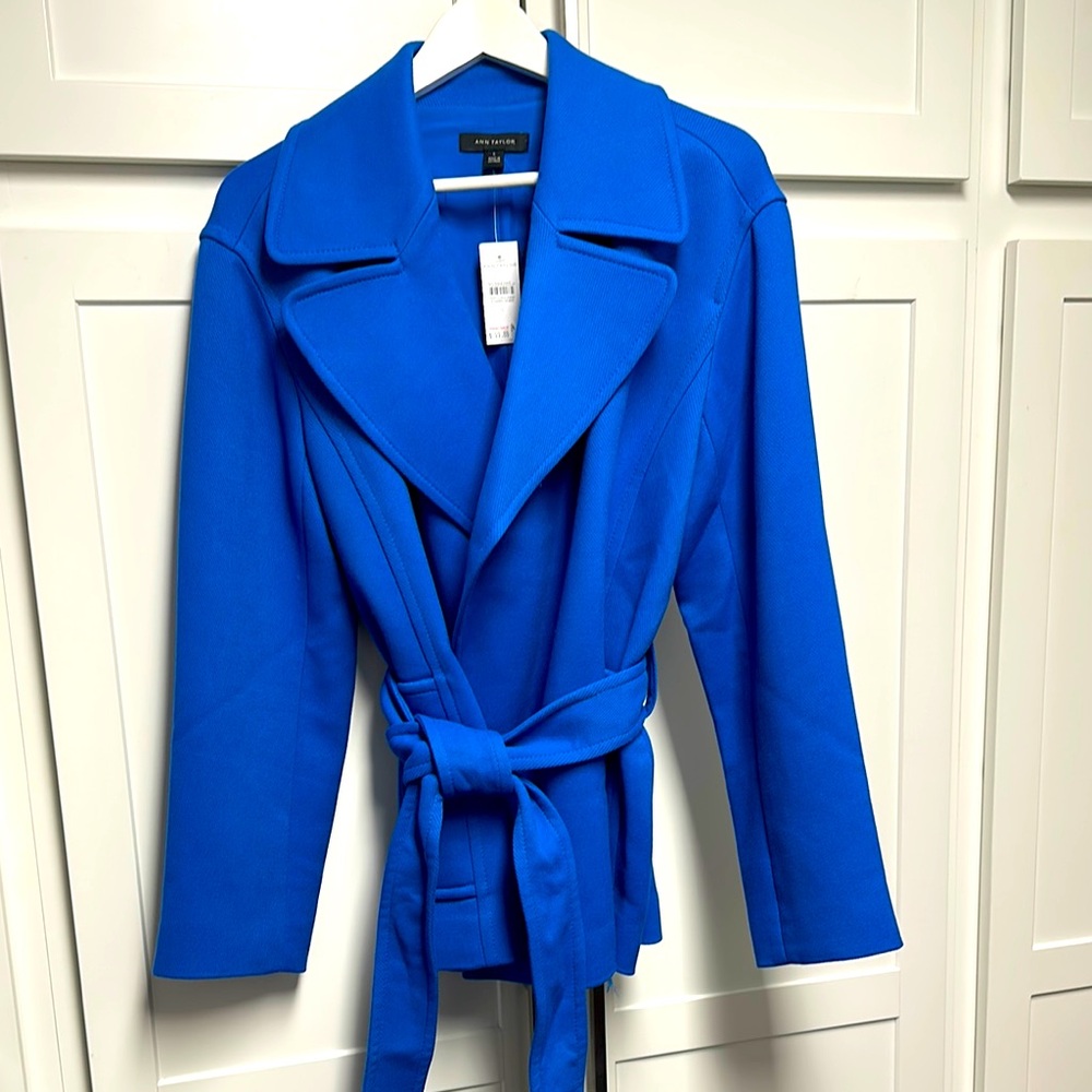 Ann Taylor Blue Women's Belted Jacket w/Front Pockets, Size L, Polyester-Lined